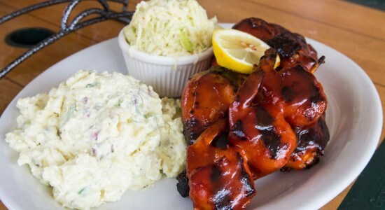 Adams Grille & Taphouse BBQ Grilled shrimp, potato salad and coleslaw